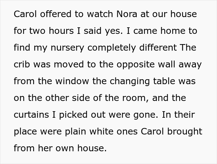 Screenshot of text describing a mother-in-law changing a baby nursery design. Screenshot of text describing a mother-in-law changing a baby nursery design.