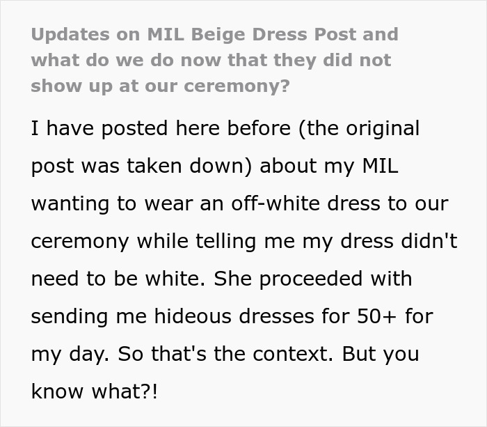 Bride Is Told She "Doesn't Need" A White Dress, Then Sees What Her MIL Plans To Wear To The Ceremony