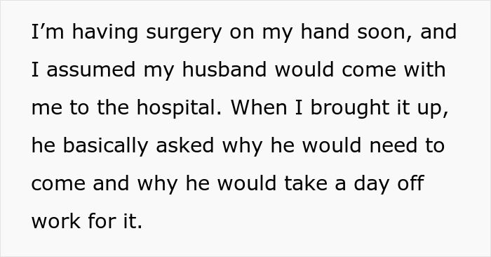 Text about husband refusing to take day off for wife's surgery Text about husband refusing to take day off for wife's surgery