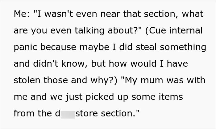 Text bubble: Wheelchair-bound teen denies stealing, mentions shopping with mother in a different store section. Text bubble: Wheelchair-bound teen denies stealing, mentions shopping with mother in a different store section.