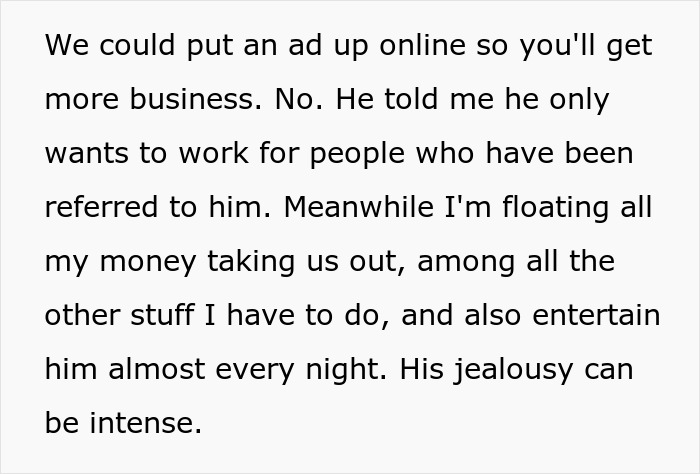 Social media text about a woman paying for everything and dealing with jealousy.