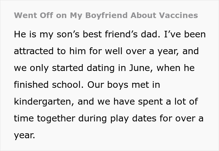 Screenshot of text detailing a story about a boyfriend and vaccines. Screenshot of text detailing a story about a boyfriend and vaccines.