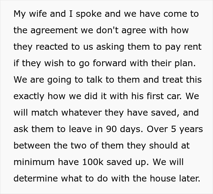 Screenshot of text detailing parents' agreement on their son's freeloading plan for free housing to save for a future.