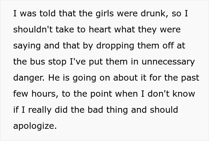 GF refuses driving home drunk women who insulted her; boyfriend thinks she's mean and is angry. GF refuses driving home drunk women who insulted her; boyfriend thinks she's mean and is angry.