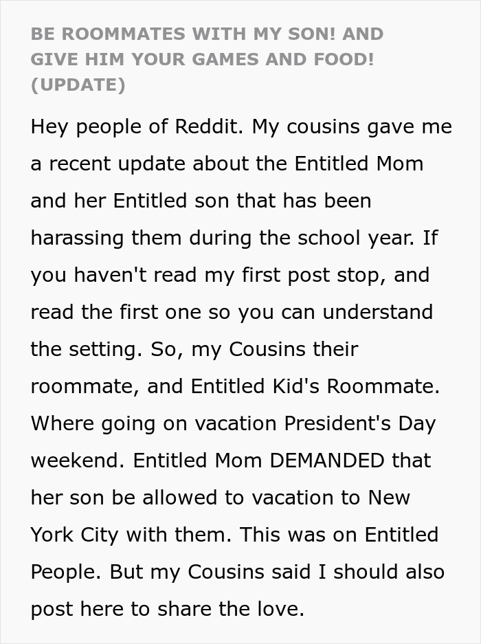Text update about entitled mom and son vacation drama