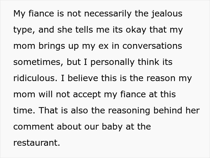 Text about son's fiancé accepting mom bringing up ex, causing tension and rejection Text about son's fiancé accepting mom bringing up ex, causing tension and rejection