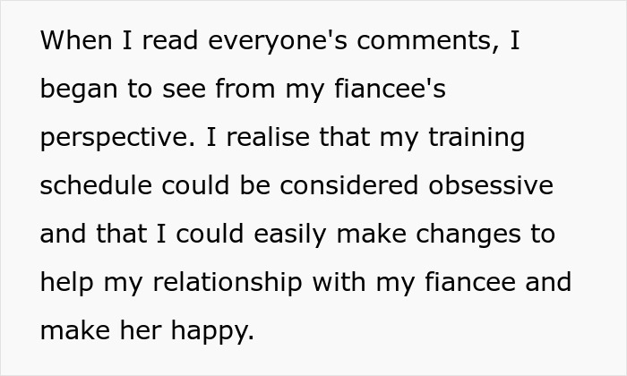 Text about seeing fiancée's perspective on martial arts training schedule Text about seeing fiancée's perspective on martial arts training schedule