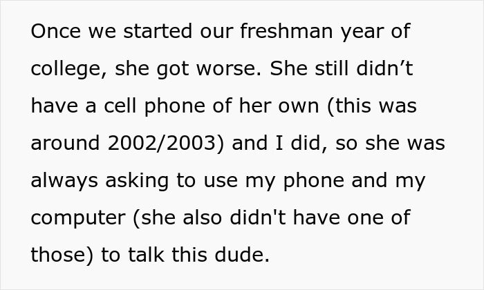 Black text describing a fake friend taking advantage of a woman in her freshman year of college.