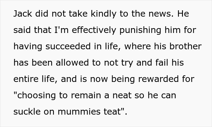 Text describing Jack's reaction to his mom's inheritance decision, feeling punished for success. Text describing Jack's reaction to his mom's inheritance decision, feeling punished for success.