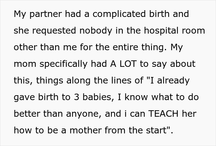 Text about partner's complicated birth and mother’s out-of-line comments on motherhood Text about partner's complicated birth and mother’s out-of-line comments on motherhood