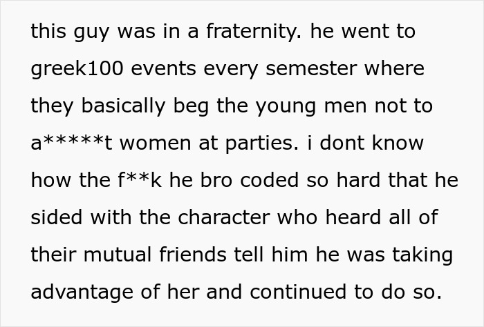 Text about a fraternity guy defending a character accused of taking advantage