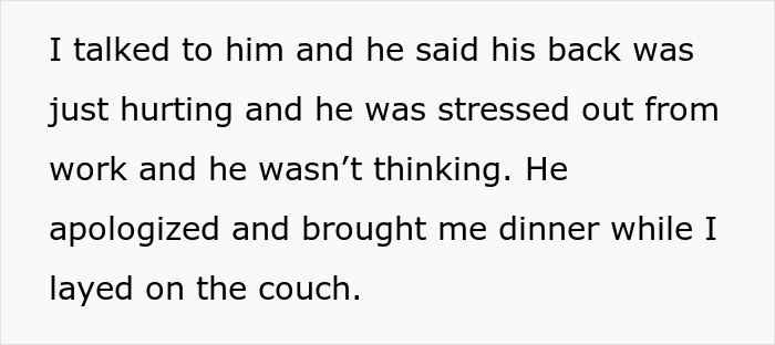 A husband apologizes and brings his wife dinner after pressuring her to rake despite her allergy and her refusal to cook.