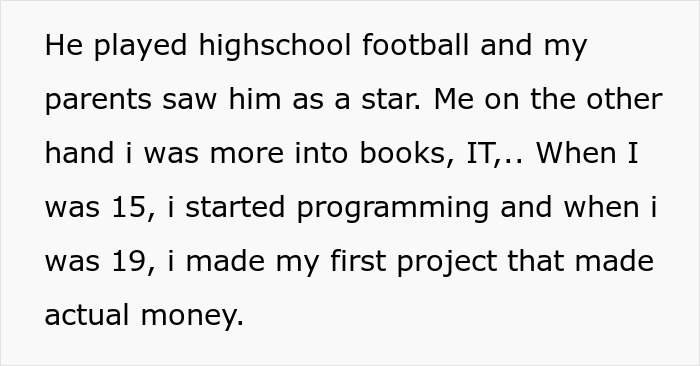 Screenshot of text about playing high school football versus programming and making money at 19. Screenshot of text about playing high school football versus programming and making money at 19.