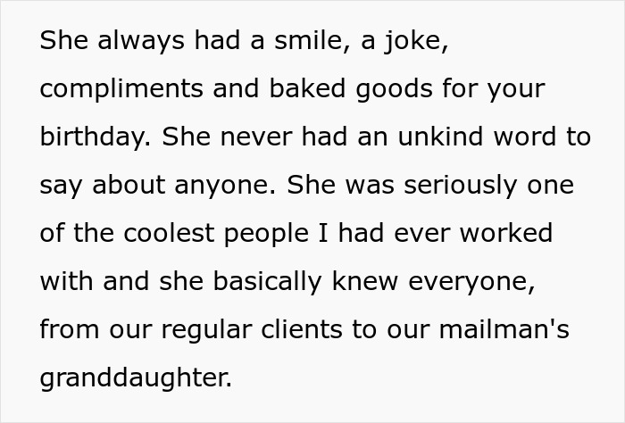 Screenshot of text describing Margot as a kind and friendly person to everyone. Screenshot of text describing Margot as a kind and friendly person to everyone.
