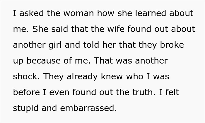 A woman recounts her painful relationship reality check, learning her ex's wife knew about her before she knew. A woman recounts her painful relationship reality check, learning her ex's wife knew about her before she knew.