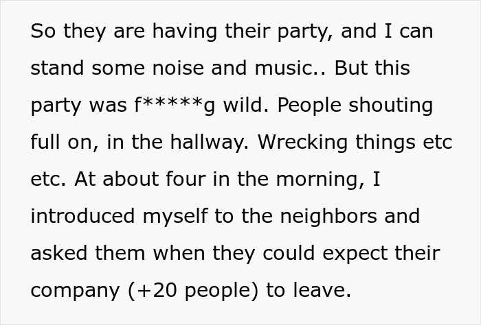 Text recounting a wild party by students turning their home into a bar, prompting a fed up neighbor to confront them. Text recounting a wild party by students turning their home into a bar, prompting a fed up neighbor to confront them.