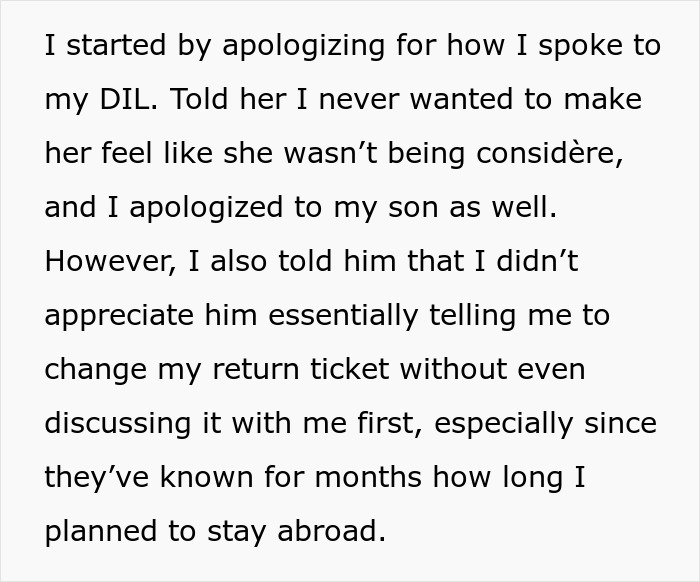 Screenshot of text detailing an apology to a DIL and son regarding stay abroad. Screenshot of text detailing an apology to a DIL and son regarding stay abroad.