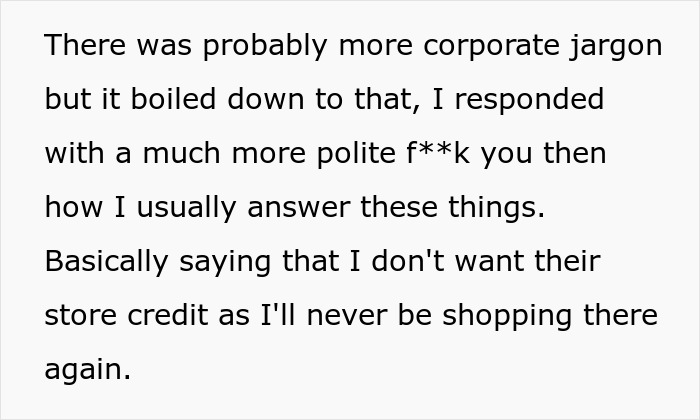 Response from wheelchair-bound teen declining store credit, expressing continued frustration about accessibility issues. Response from wheelchair-bound teen declining store credit, expressing continued frustration about accessibility issues.