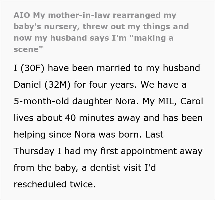 Social media text post about a mother-in-law who rearranged a baby nursery. Social media text post about a mother-in-law who rearranged a baby nursery.