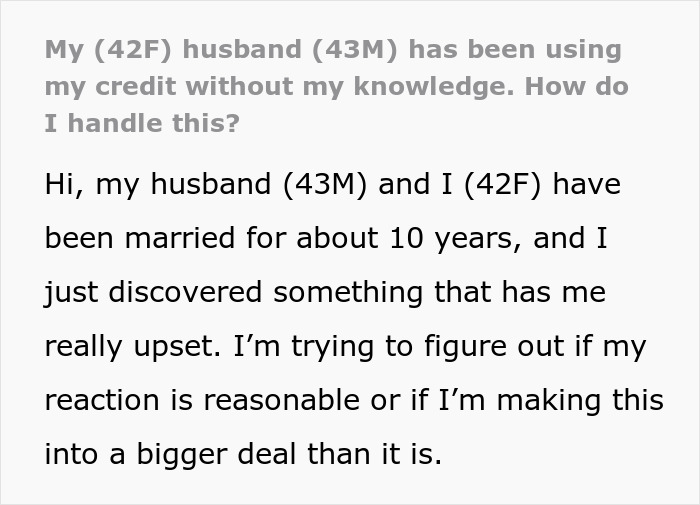 Screenshot of a forum post where a wife discovers her husband has been using her credit without knowledge.