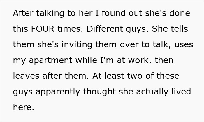 Screenshot detailing how a woman repeatedly uses her bestie's apartment to dump men. Screenshot detailing how a woman repeatedly uses her bestie's apartment to dump men.