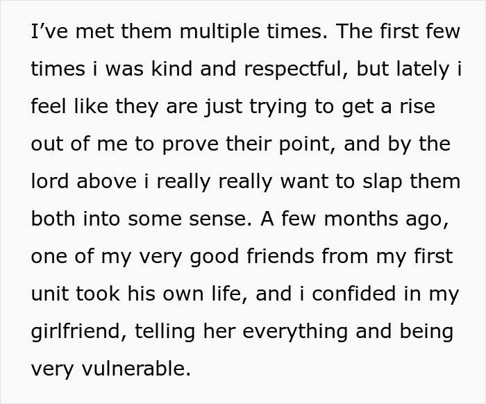 Text outlining the boyfriend's past respectful interactions and current frustration with the parents attempts to ruin reputation. Text outlining the boyfriend's past respectful interactions and current frustration with the parents attempts to ruin reputation.