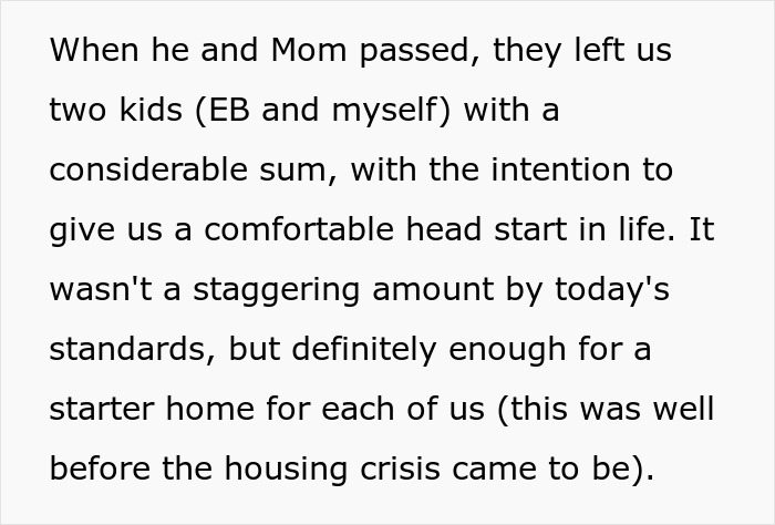 Text explaining how the inheritance was intended for a comfortable start for two kids. Text explaining how the inheritance was intended for a comfortable start for two kids.