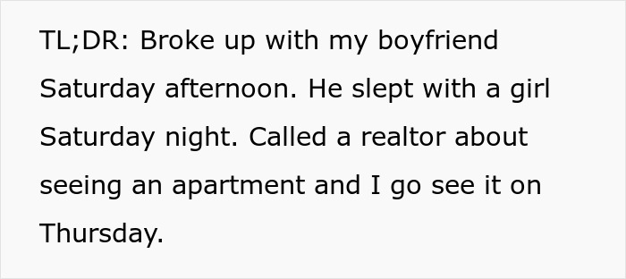 A TL;DR summary text post about breaking up with a jobless BF.