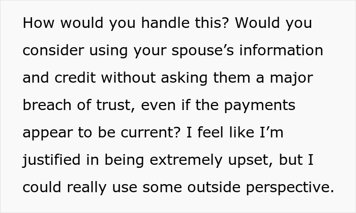 The wife asks if using a spouse's information without asking is a breach of trust regarding finances and spending.