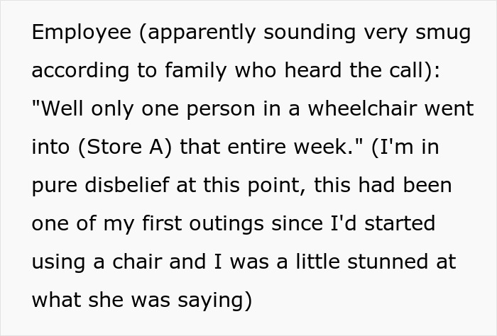 Teen advocating for accessibility. Text overlay: Employee claiming only one wheelchair user visited their store. Teen advocating for accessibility. Text overlay: Employee claiming only one wheelchair user visited their store.