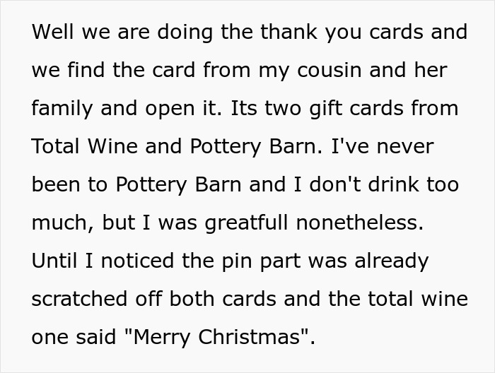 Screenshot of text describing discovering used gift cards, adding to the wedding drama.