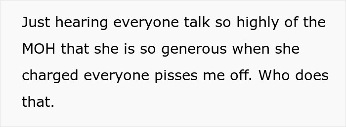 Text snippet: A guest expresses anger about the MOH secretly making guests pay for the bridal shower.