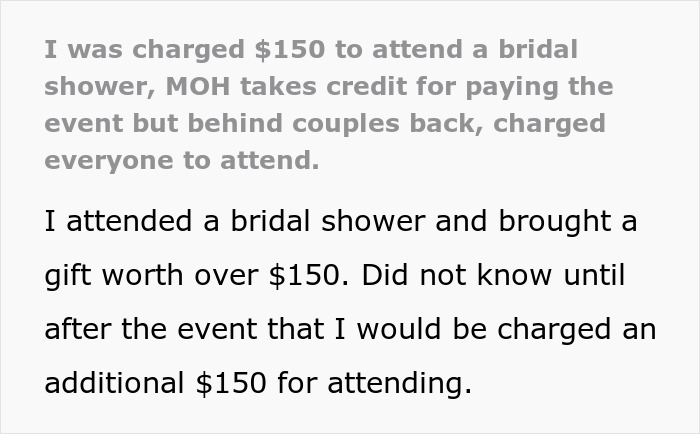 Screenshot of text revealing MOH secretly made guests pay $150 for the bridal shower.