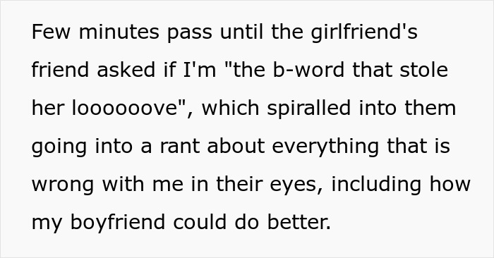 Screenshot of text: Highlighting insults from the girlfriend's friend, showing why the GF feels mean. Screenshot of text: Highlighting insults from the girlfriend's friend, showing why the GF feels mean.