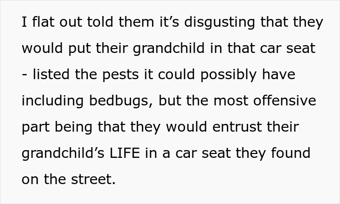 Text expressing disgust over in-laws giving a potentially infested street car seat for grandchild safety