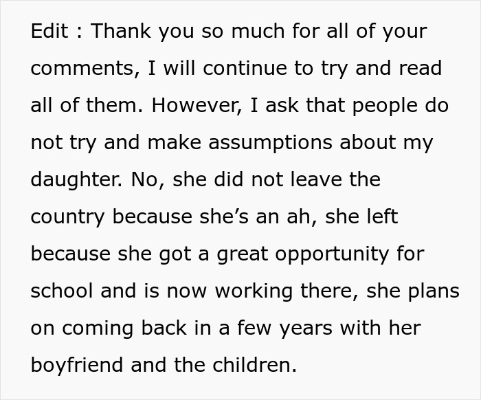 Text edit explaining a daughter's opportunity abroad as MIL chooses to stay with her and twin newborns Text edit explaining a daughter's opportunity abroad as MIL chooses to stay with her and twin newborns