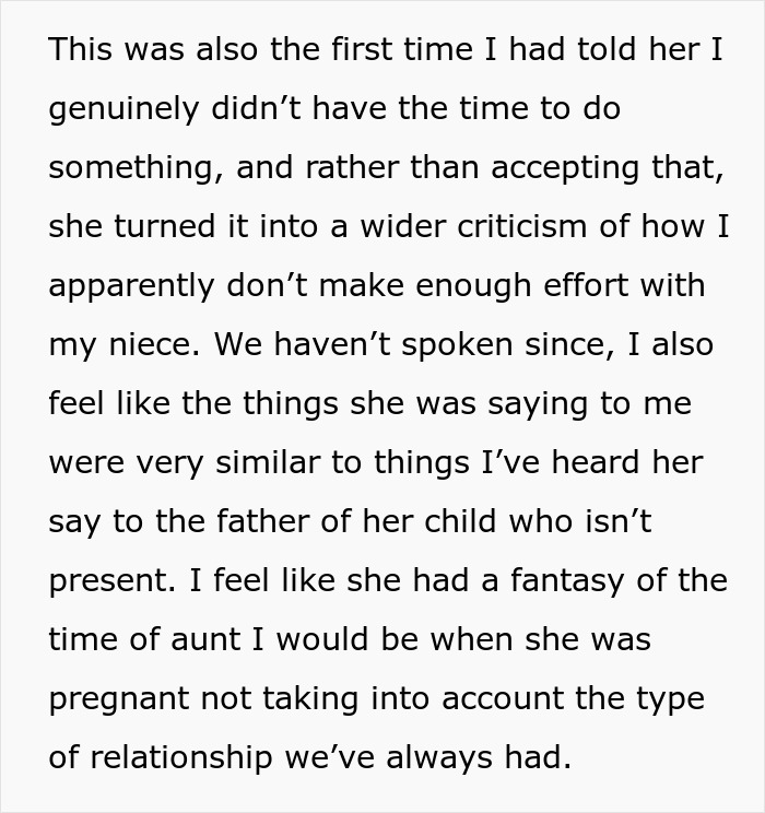 A screenshot of text detailing the woman's frustration and the unrealistic expectations of her role as an aunt.