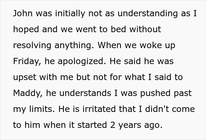 Text about a woman's husband apologizing after initially not understanding her reaction to her adult stepdaughter's insults. Text about a woman's husband apologizing after initially not understanding her reaction to her adult stepdaughter's insults.