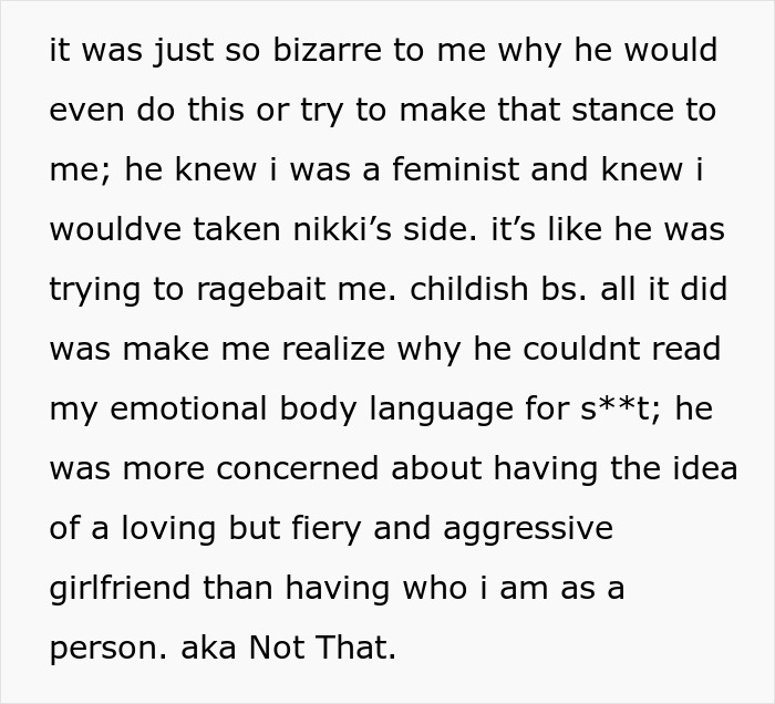 Text explaining frustration with a guy ignoring feminist perspectives on obsession