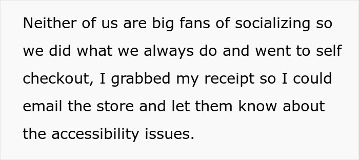 Text snippet about a wheelchair-bound teen advocating for accessibility issues via email after self-checkout. Text snippet about a wheelchair-bound teen advocating for accessibility issues via email after self-checkout.