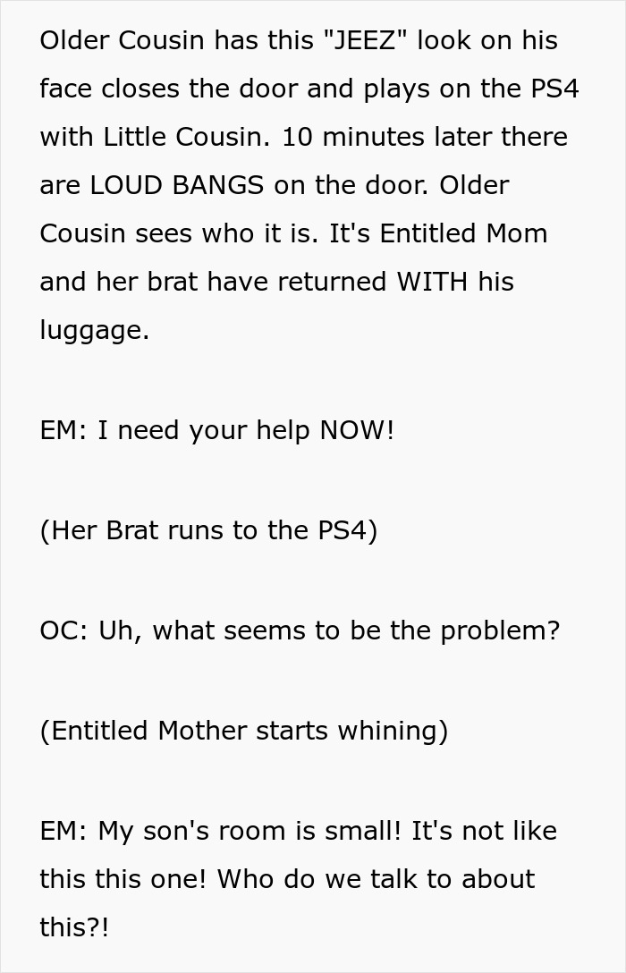 Text conversation about entitled mom returning with luggage demanding help with son's room issue