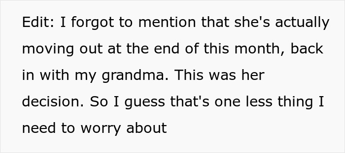 A screenshot showing an update about a toxic mom moving out, addressing her health neglect and assumption of a kidney.