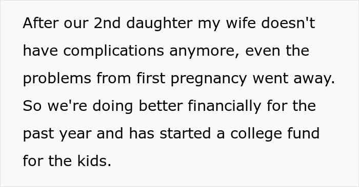 Text explaining how a family's financial situation improved after the wife's second pregnancy, leading to a college fund for the kids. Text explaining how a family's financial situation improved after the wife's second pregnancy, leading to a college fund for the kids.