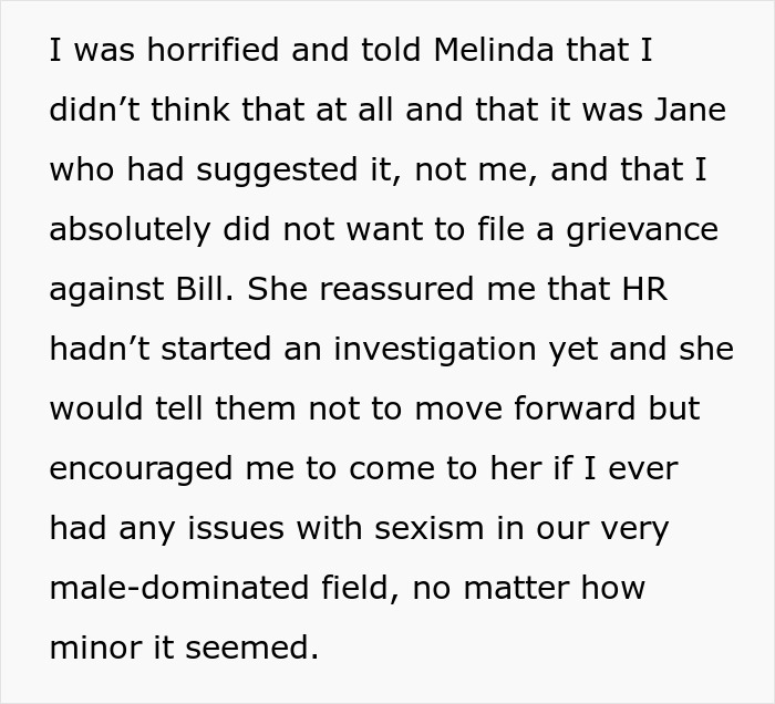A text detail about a horrified woman reacting to a gender-biased complaint filed with HR A text detail about a horrified woman reacting to a gender-biased complaint filed with HR