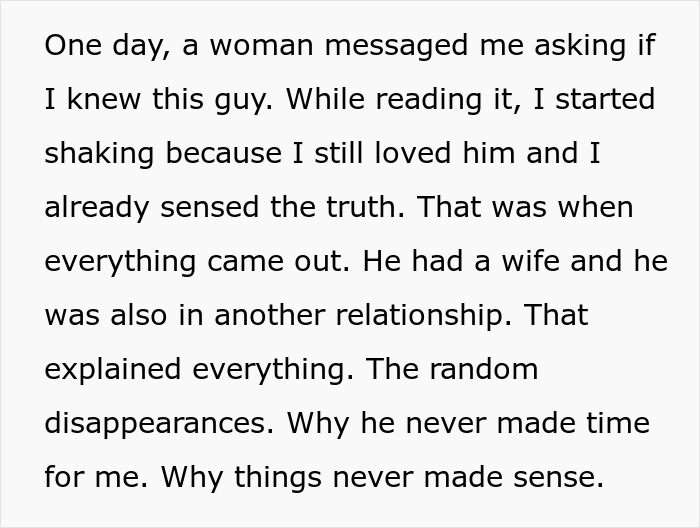 Screenshot of text revealing a painful reality check about a relationship nightmare: the man had a wife and another relationship. Screenshot of text revealing a painful reality check about a relationship nightmare: the man had a wife and another relationship.
