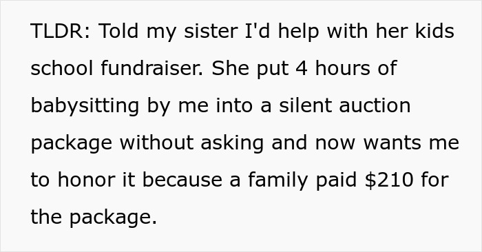 Text summarizing babysitting auction issue at school fundraiser for 210 dollars