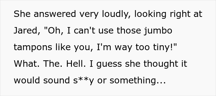 Screenshot of text discussing a teen's revenge plot regarding tampons and a flirty friend. Screenshot of text discussing a teen's revenge plot regarding tampons and a flirty friend.