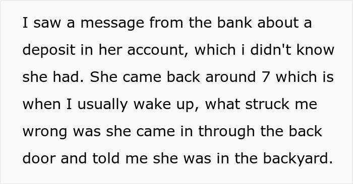 Husband discovers wife's hidden money deposit, deepening the mystery about her real reason for sneaking out. Husband discovers wife's hidden money deposit, deepening the mystery about her real reason for sneaking out.