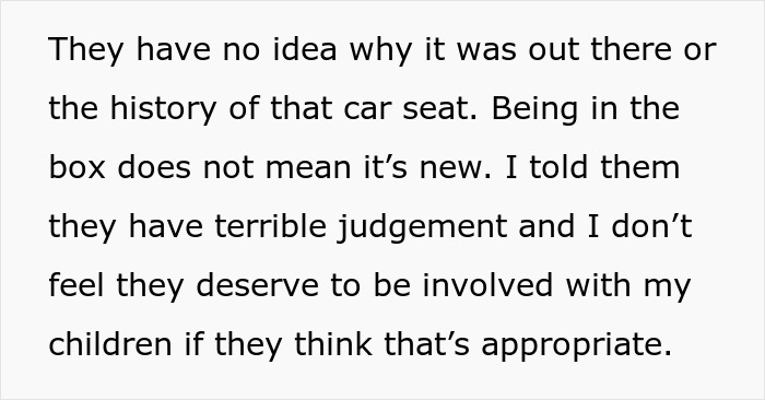 Text about in-laws' poor judgement on car seat history