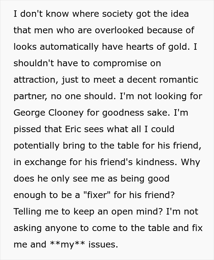 Text regarding a buddy's need for a hot girlfriend and a weight-loss coach, facing a model friend's objection. Text regarding a buddy's need for a hot girlfriend and a weight-loss coach, facing a model friend's objection.